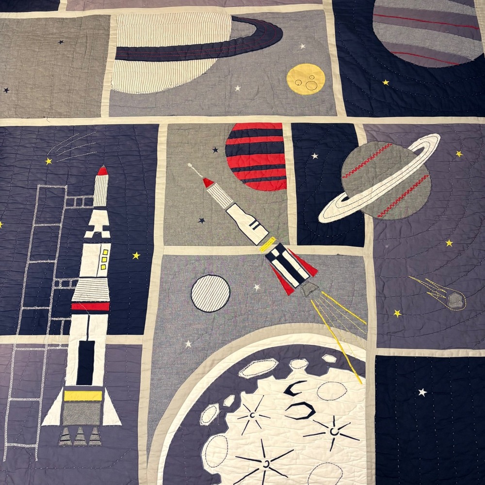 Pottery Barn Kids Quilt Twin Blue Space Rocket Planet Star Patchwork Cotton FLAW